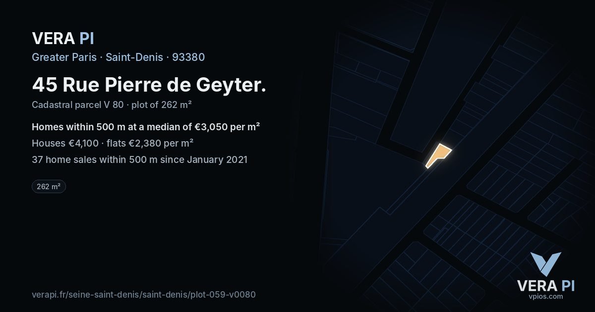 45 Rue Pierre de Geyter, Saint-Denis at night – the plot lit, the parcels around coloured by the prices near them