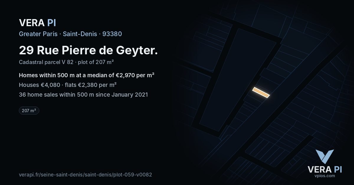 29 Rue Pierre de Geyter, Saint-Denis at night – the plot lit, the parcels around coloured by the prices near them