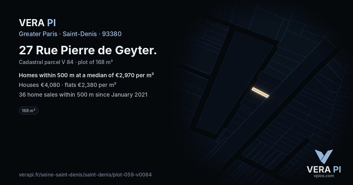 27 Rue Pierre de Geyter, Saint-Denis at night – the plot lit, the parcels around coloured by the prices near them