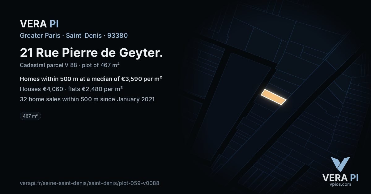 21 Rue Pierre de Geyter, Saint-Denis at night – the plot lit, the parcels around coloured by the prices near them