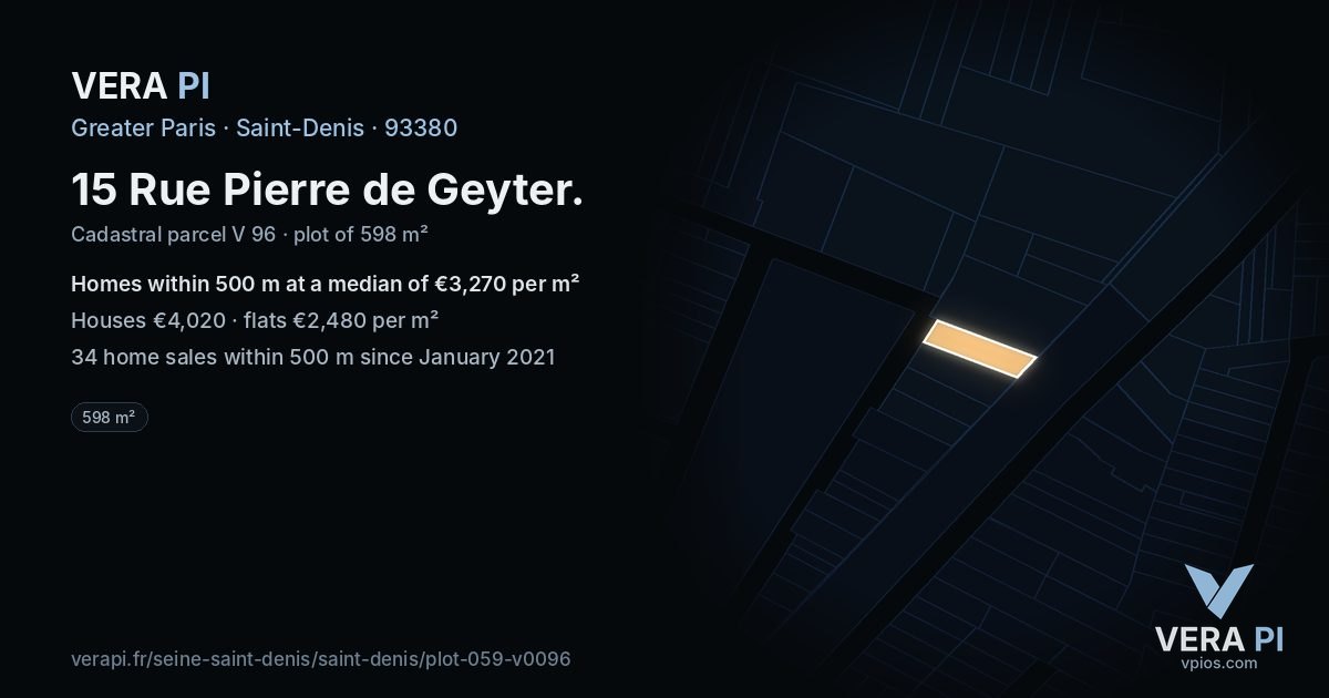 15 Rue Pierre de Geyter, Saint-Denis at night – the plot lit, the parcels around coloured by the prices near them