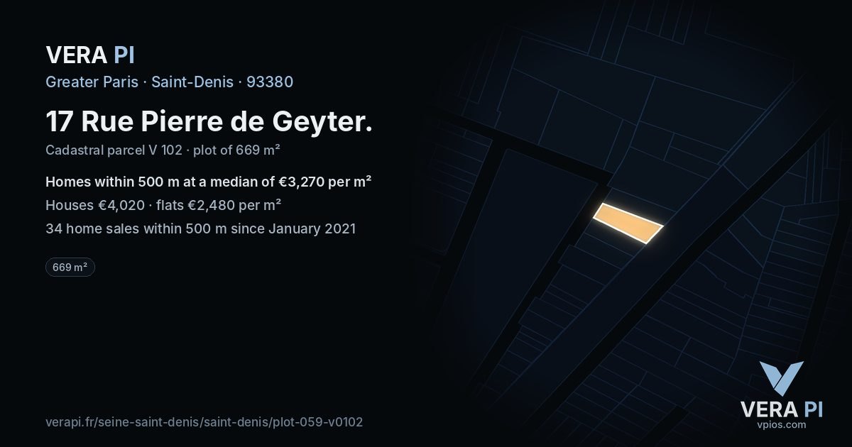 17 Rue Pierre de Geyter, Saint-Denis at night – the plot lit, the parcels around coloured by the prices near them