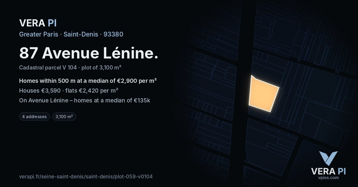 87 Avenue Lénine, Saint-Denis at night – the plot lit, the parcels around coloured by the prices near them