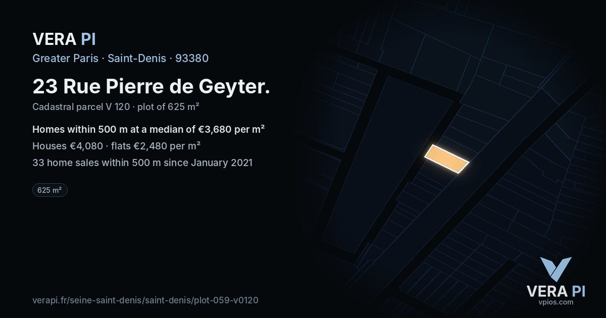 23 Rue Pierre de Geyter, Saint-Denis at night – the plot lit, the parcels around coloured by the prices near them