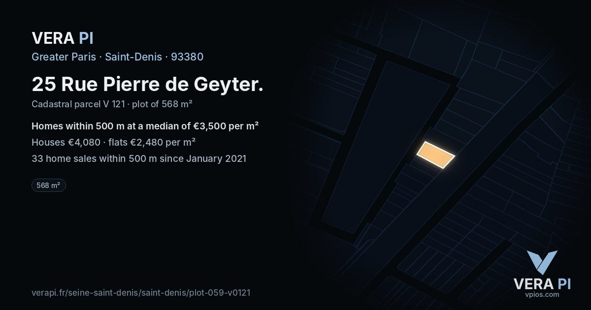 25 Rue Pierre de Geyter, Saint-Denis at night – the plot lit, the parcels around coloured by the prices near them