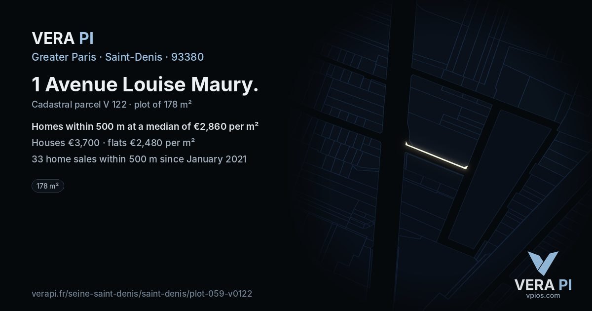 1 Avenue Louise Maury, Saint-Denis at night – the plot lit, the parcels around coloured by the prices near them