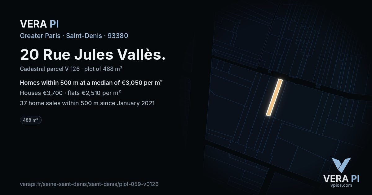 20 Rue Jules Vallès, Saint-Denis at night – the plot lit, the parcels around coloured by the prices near them