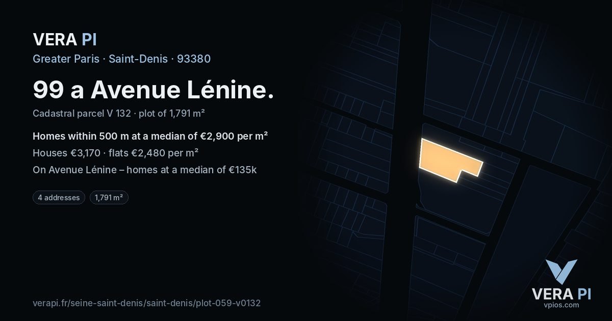 99 a Avenue Lénine, Saint-Denis at night – the plot lit, the parcels around coloured by the prices near them