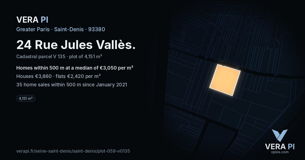 24 Rue Jules Vallès, Saint-Denis at night – the plot lit, the parcels around coloured by the prices near them