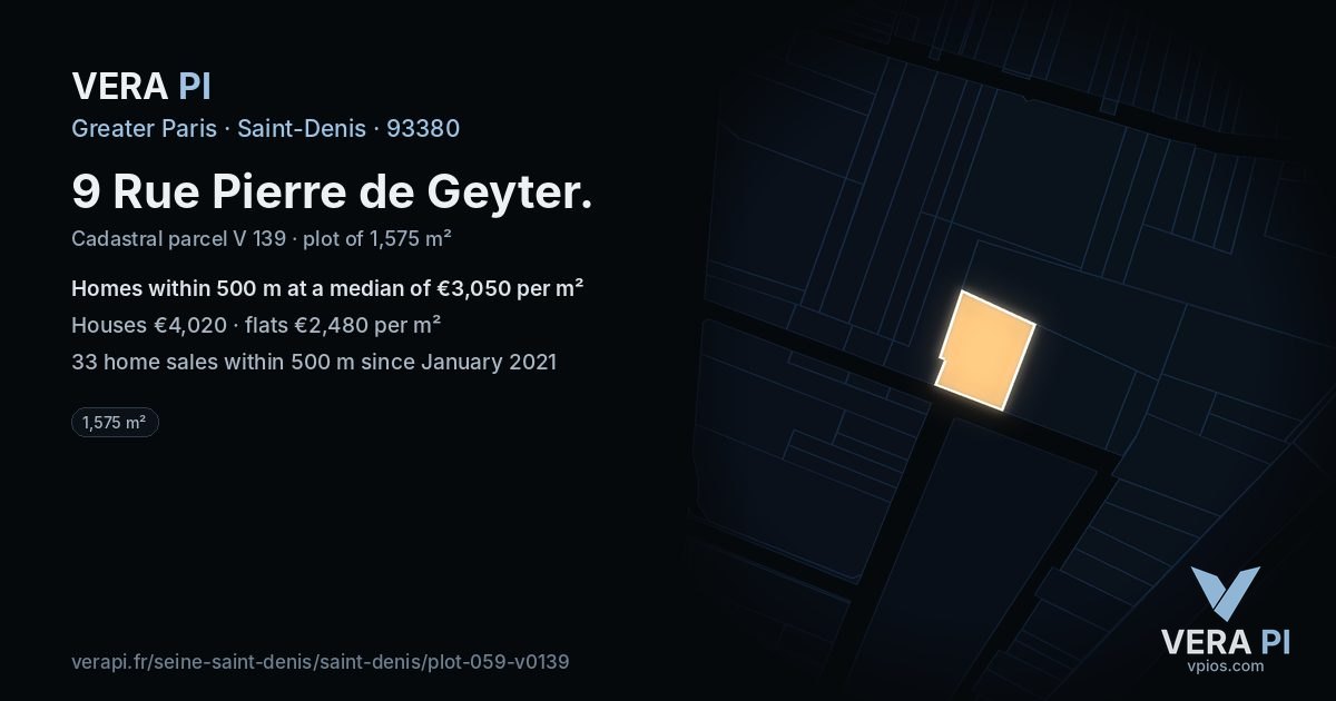 9 Rue Pierre de Geyter, Saint-Denis at night – the plot lit, the parcels around coloured by the prices near them