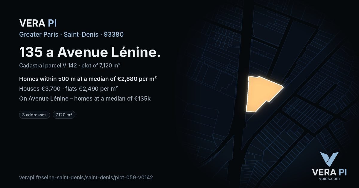 135 a Avenue Lénine, Saint-Denis at night – the plot lit, the parcels around coloured by the prices near them
