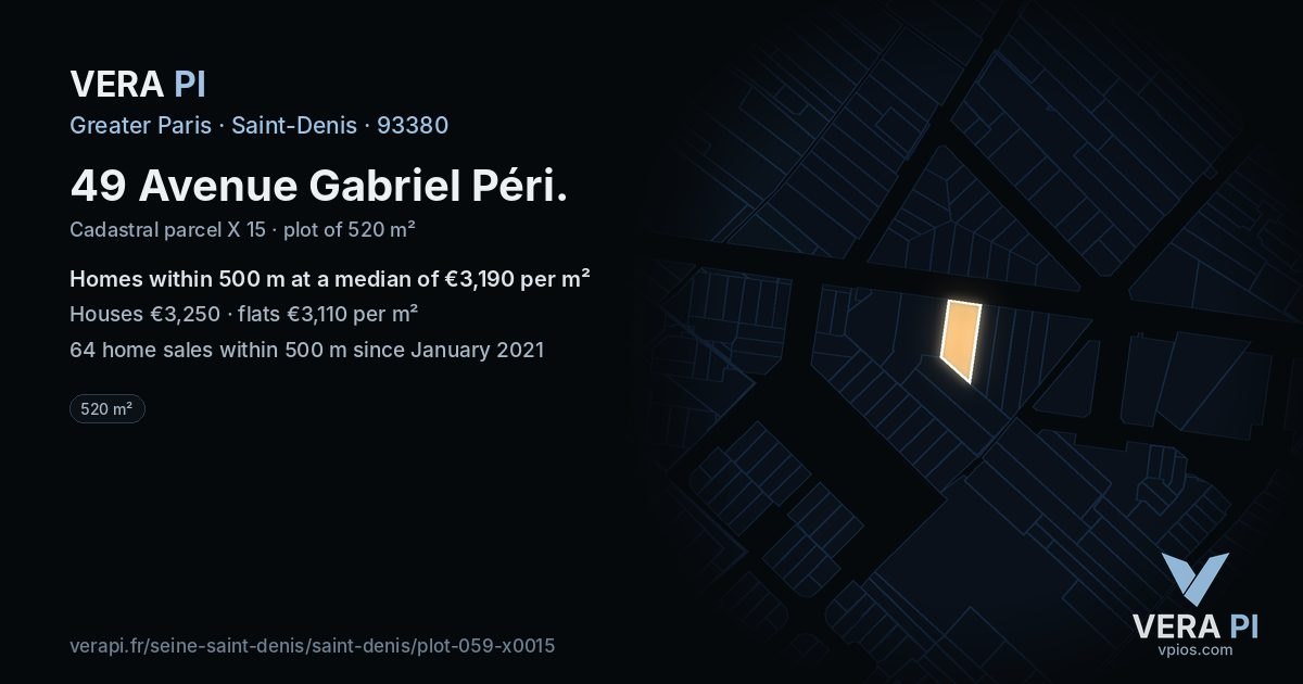 49 Avenue Gabriel Péri, Saint-Denis at night – the plot lit, the parcels around coloured by the prices near them