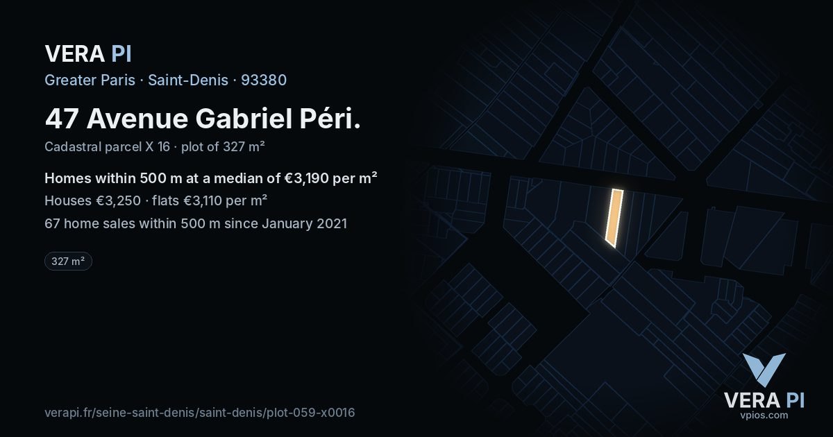 47 Avenue Gabriel Péri, Saint-Denis at night – the plot lit, the parcels around coloured by the prices near them