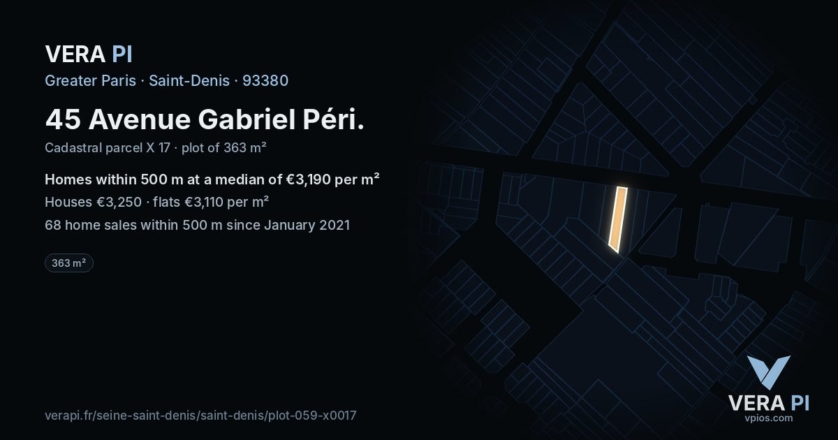 45 Avenue Gabriel Péri, Saint-Denis at night – the plot lit, the parcels around coloured by the prices near them