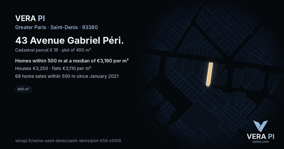 43 Avenue Gabriel Péri, Saint-Denis at night – the plot lit, the parcels around coloured by the prices near them