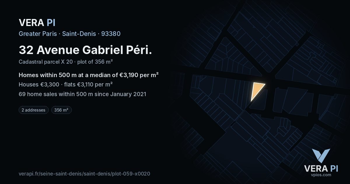 32 Avenue Gabriel Péri, Saint-Denis at night – the plot lit, the parcels around coloured by the prices near them