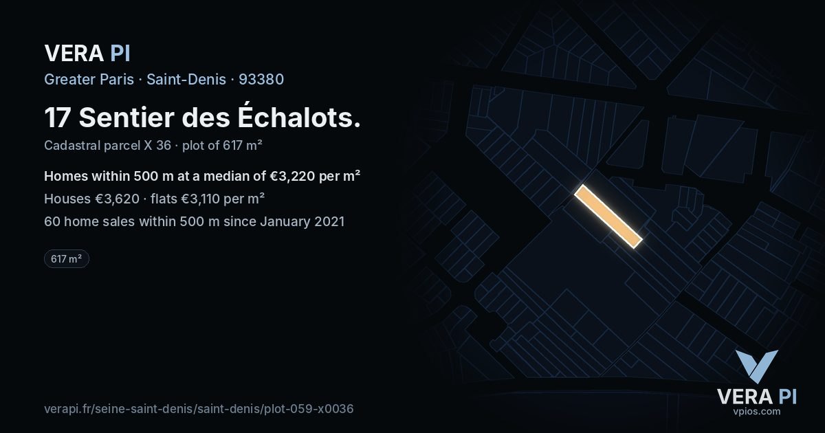 17 Sentier des Échalots, Saint-Denis at night – the plot lit, the parcels around coloured by the prices near them