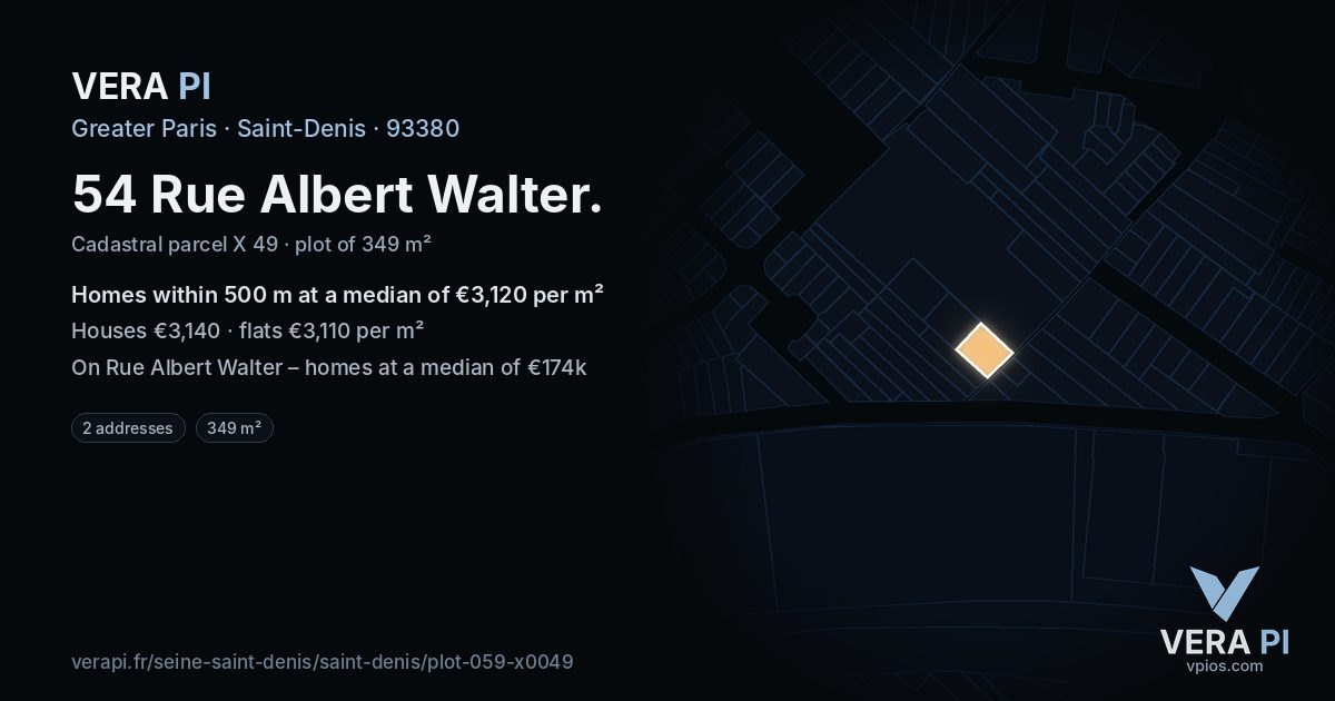 54 Rue Albert Walter, Saint-Denis at night – the plot lit, the parcels around coloured by the prices near them