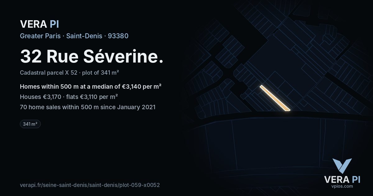 32 Rue Séverine, Saint-Denis at night – the plot lit, the parcels around coloured by the prices near them