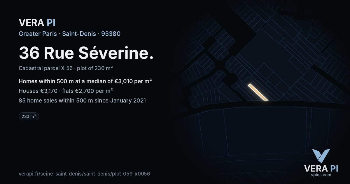 36 Rue Séverine, Saint-Denis at night – the plot lit, the parcels around coloured by the prices near them