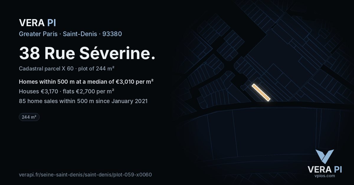 38 Rue Séverine, Saint-Denis at night – the plot lit, the parcels around coloured by the prices near them