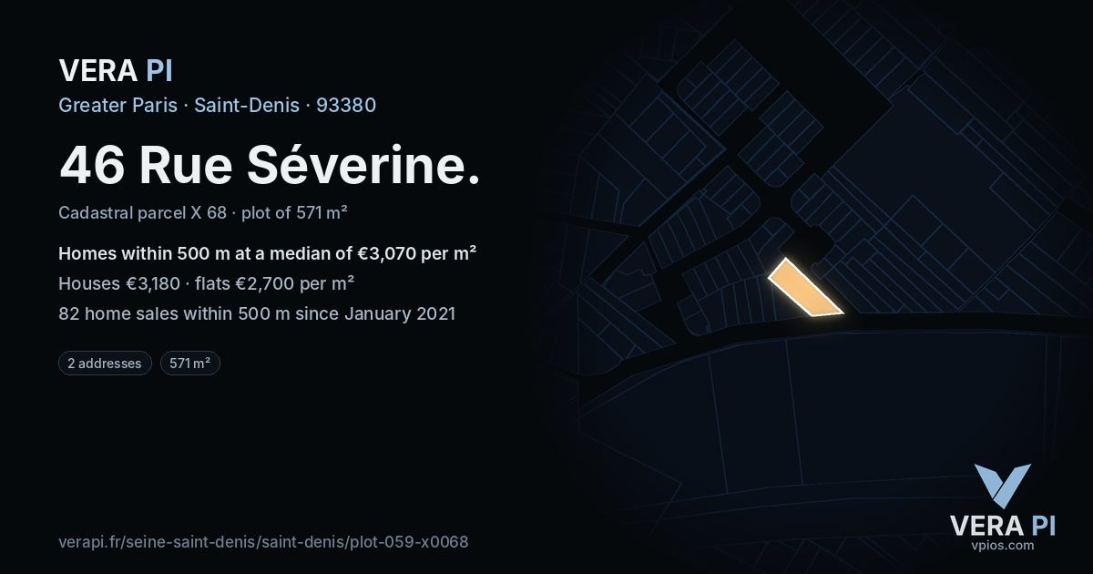 46 Rue Séverine, Saint-Denis at night – the plot lit, the parcels around coloured by the prices near them