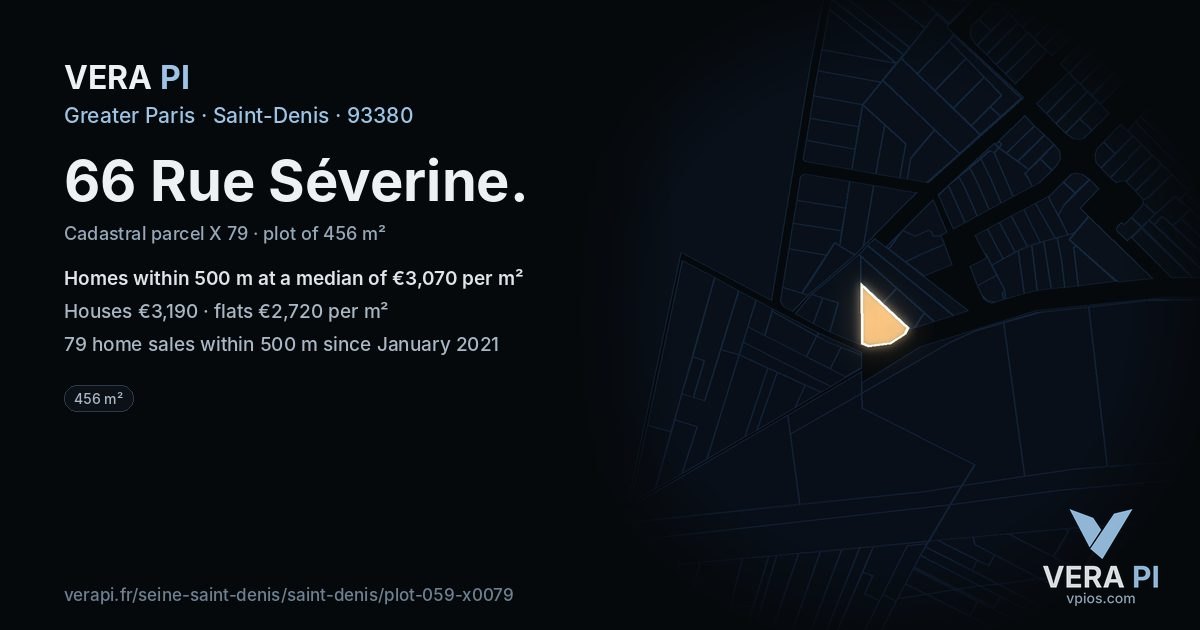 66 Rue Séverine, Saint-Denis at night – the plot lit, the parcels around coloured by the prices near them