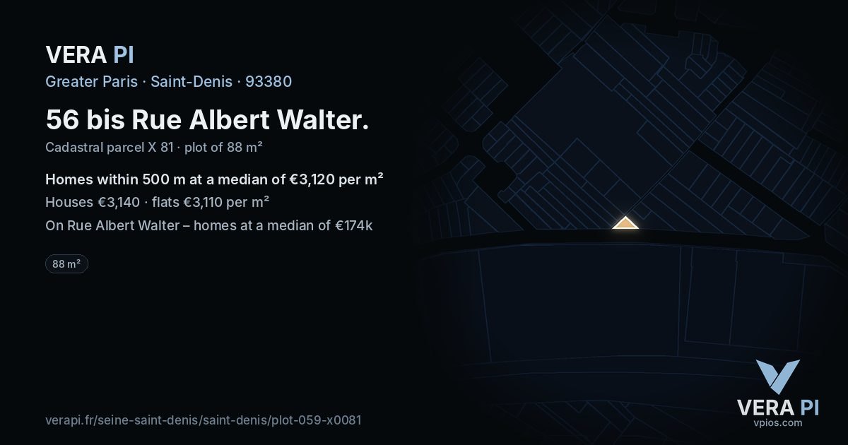 56 bis Rue Albert Walter, Saint-Denis at night – the plot lit, the parcels around coloured by the prices near them