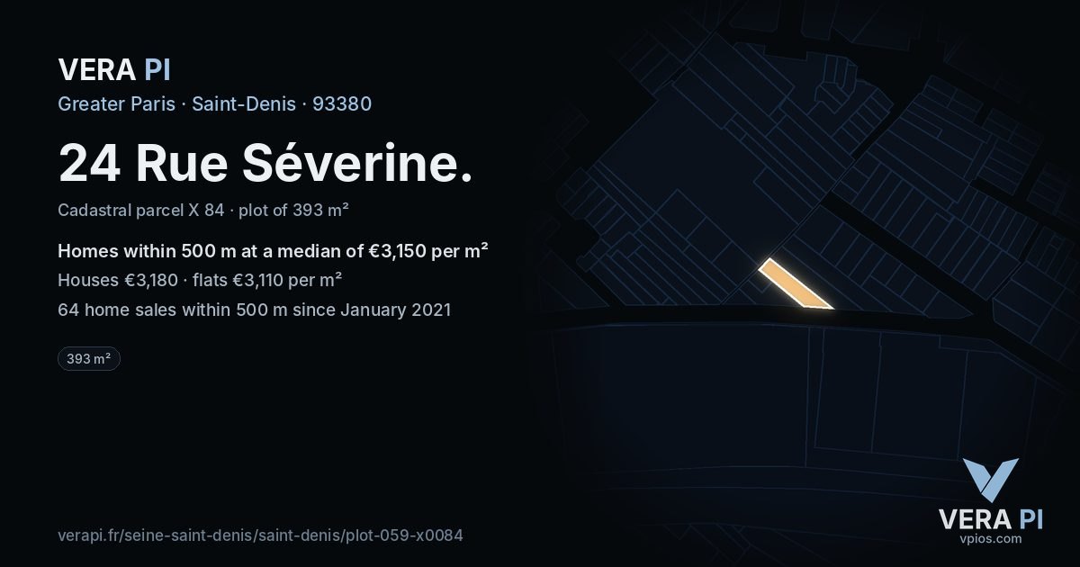 24 Rue Séverine, Saint-Denis at night – the plot lit, the parcels around coloured by the prices near them