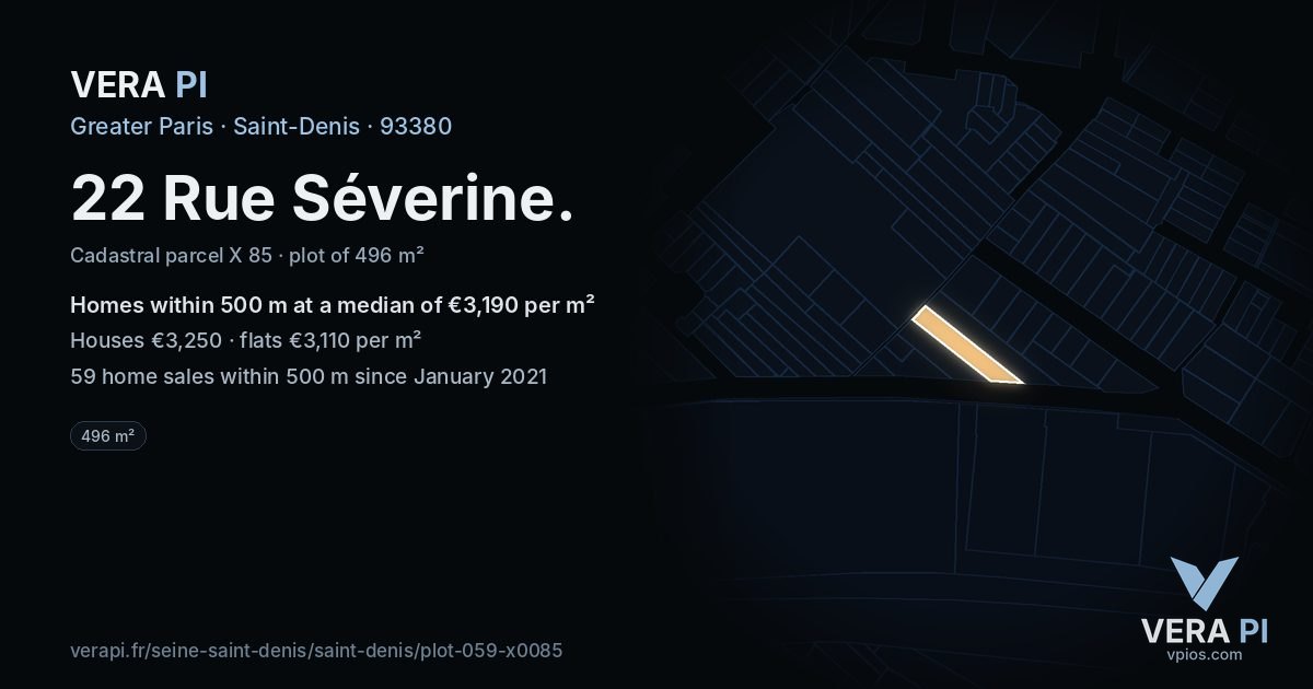 22 Rue Séverine, Saint-Denis at night – the plot lit, the parcels around coloured by the prices near them