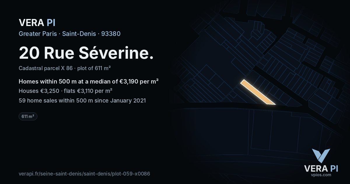 20 Rue Séverine, Saint-Denis at night – the plot lit, the parcels around coloured by the prices near them