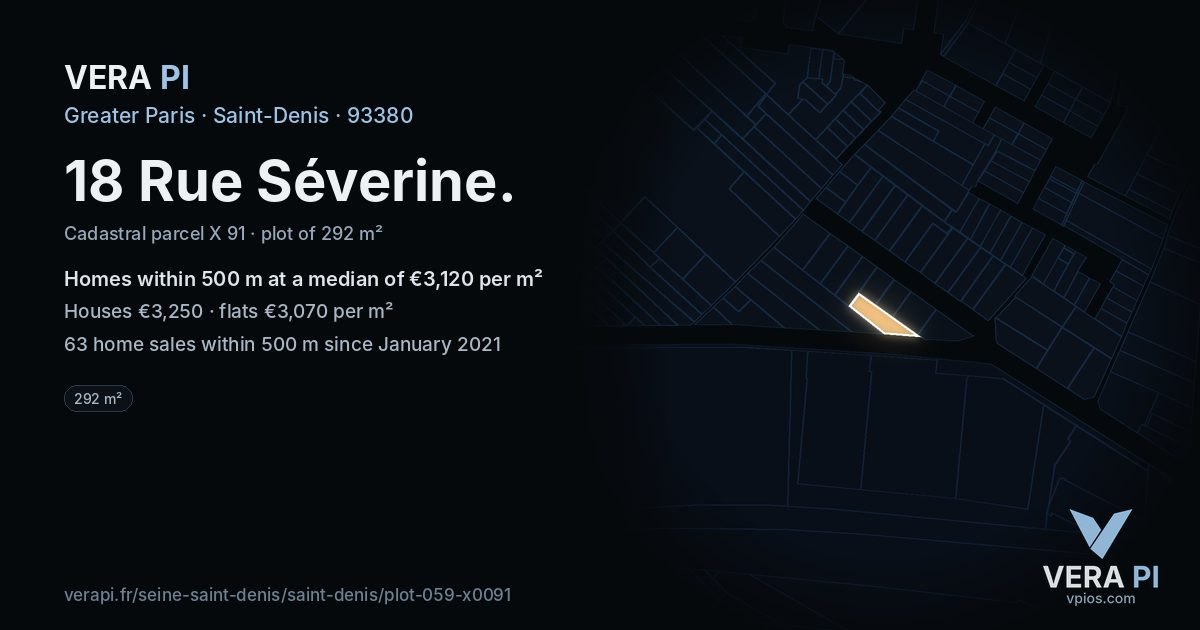 18 Rue Séverine, Saint-Denis at night – the plot lit, the parcels around coloured by the prices near them