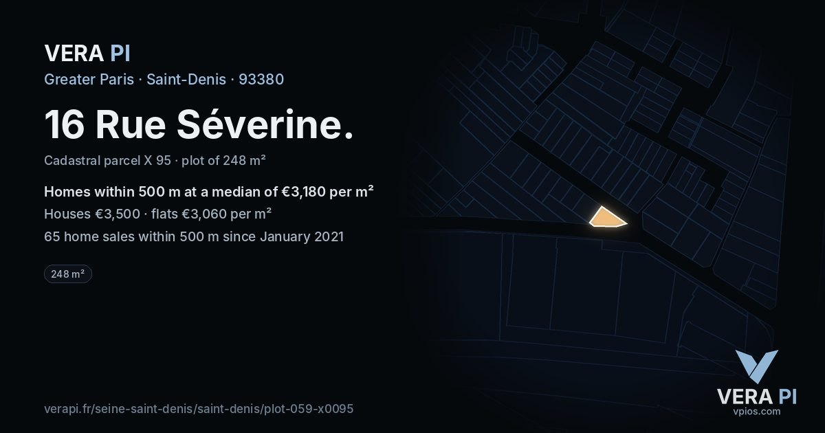 16 Rue Séverine, Saint-Denis at night – the plot lit, the parcels around coloured by the prices near them