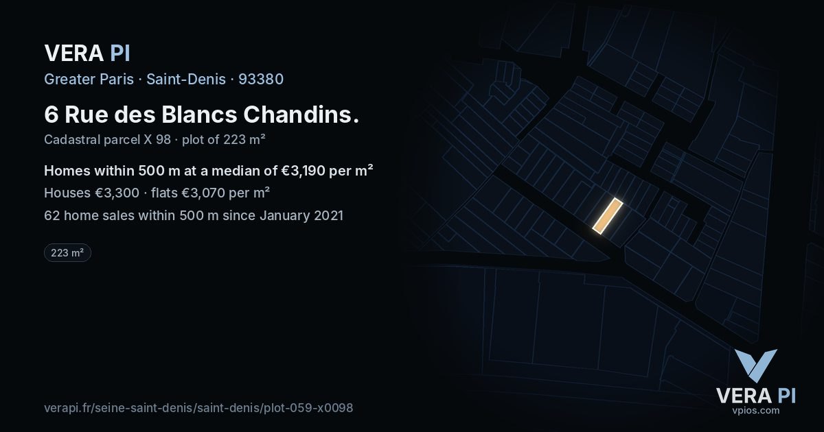 6 Rue des Blancs Chandins, Saint-Denis at night – the plot lit, the parcels around coloured by the prices near them