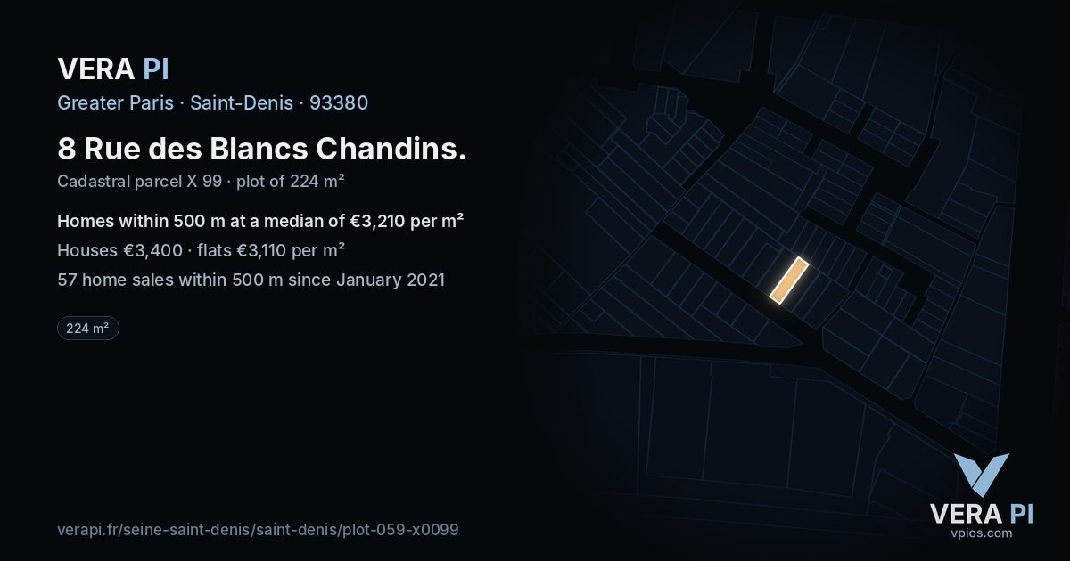 8 Rue des Blancs Chandins, Saint-Denis at night – the plot lit, the parcels around coloured by the prices near them