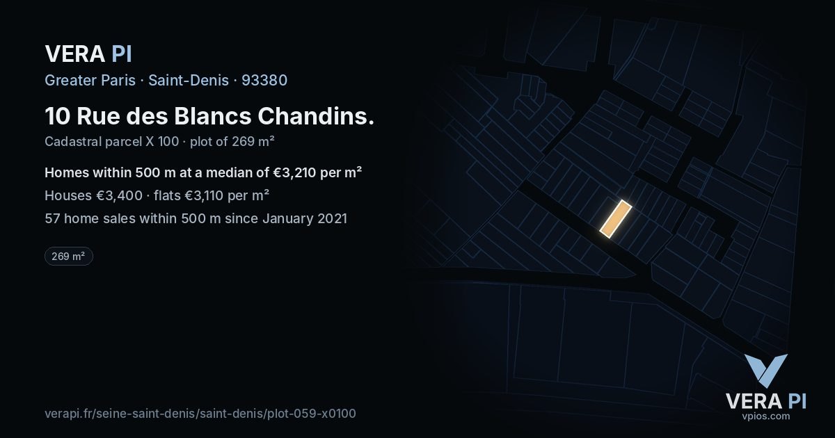 10 Rue des Blancs Chandins, Saint-Denis at night – the plot lit, the parcels around coloured by the prices near them