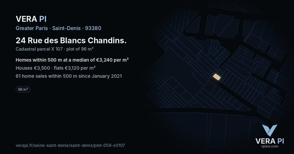 24 Rue des Blancs Chandins, Saint-Denis at night – the plot lit, the parcels around coloured by the prices near them