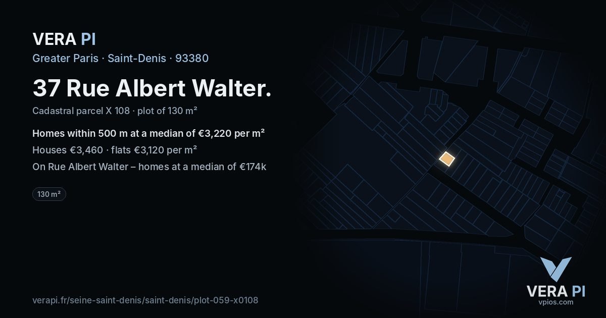 37 Rue Albert Walter, Saint-Denis at night – the plot lit, the parcels around coloured by the prices near them