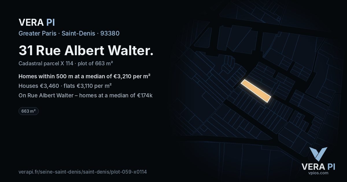 31 Rue Albert Walter, Saint-Denis at night – the plot lit, the parcels around coloured by the prices near them