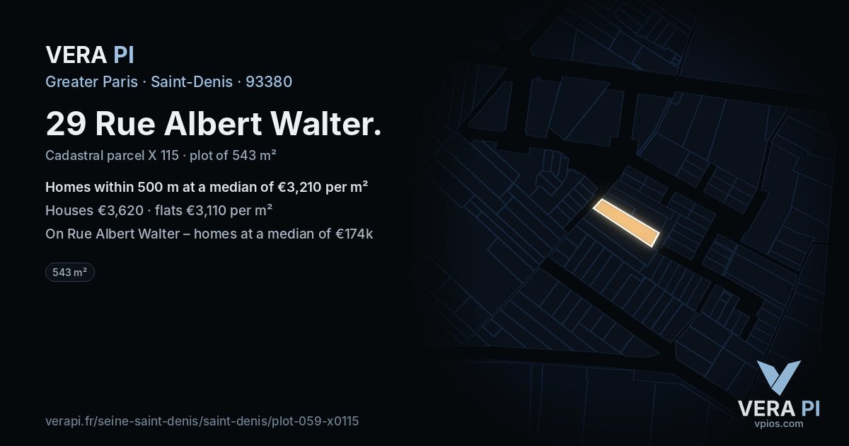 29 Rue Albert Walter, Saint-Denis at night – the plot lit, the parcels around coloured by the prices near them