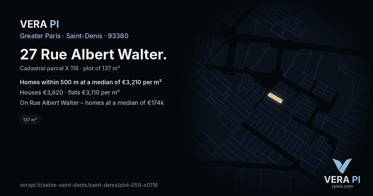 27 Rue Albert Walter, Saint-Denis at night – the plot lit, the parcels around coloured by the prices near them