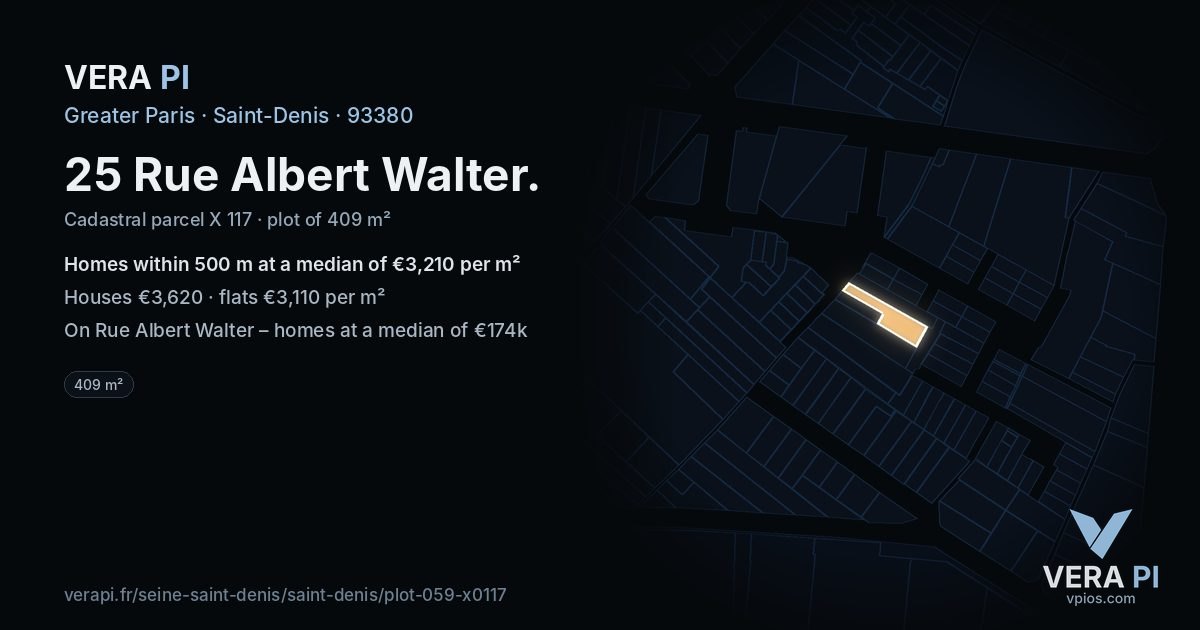 25 Rue Albert Walter, Saint-Denis at night – the plot lit, the parcels around coloured by the prices near them