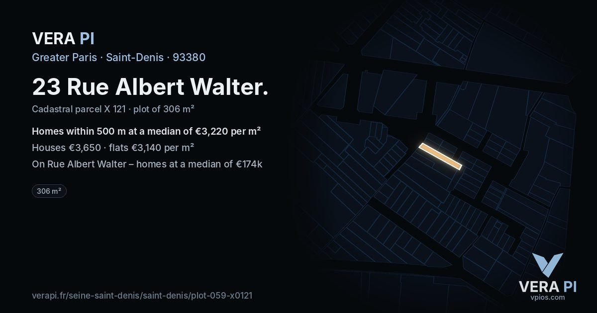 23 Rue Albert Walter, Saint-Denis at night – the plot lit, the parcels around coloured by the prices near them
