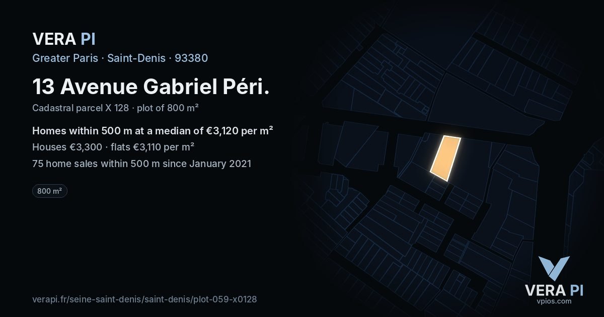 13 Avenue Gabriel Péri, Saint-Denis at night – the plot lit, the parcels around coloured by the prices near them