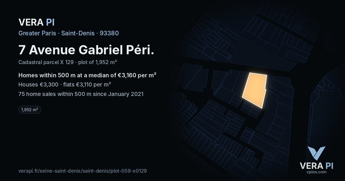 7 Avenue Gabriel Péri, Saint-Denis at night – the plot lit, the parcels around coloured by the prices near them