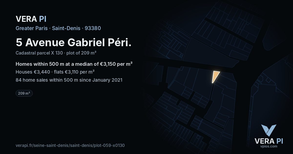 5 Avenue Gabriel Péri, Saint-Denis at night – the plot lit, the parcels around coloured by the prices near them