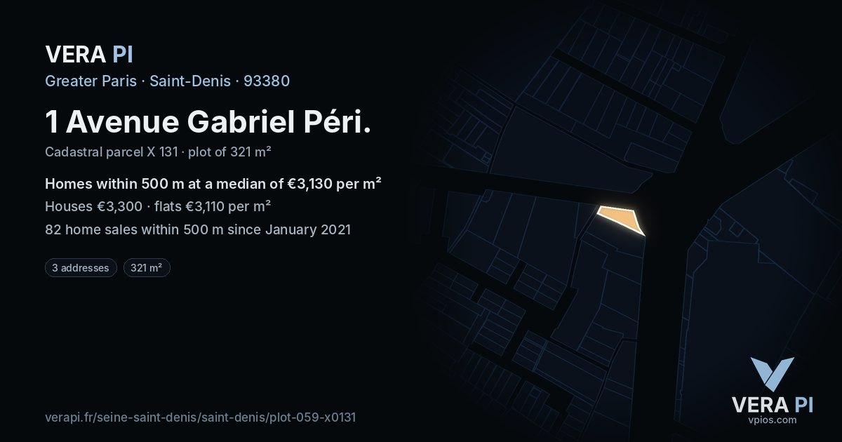 1 Avenue Gabriel Péri, Saint-Denis at night – the plot lit, the parcels around coloured by the prices near them