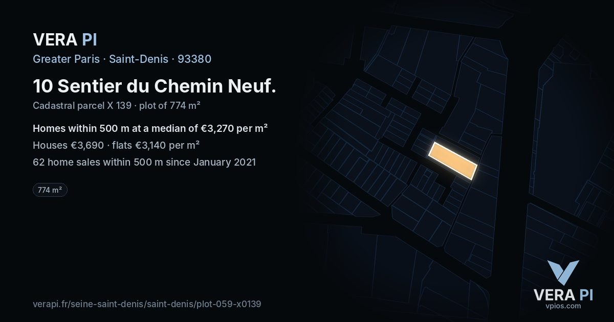 10 Sentier du Chemin Neuf, Saint-Denis at night – the plot lit, the parcels around coloured by the prices near them