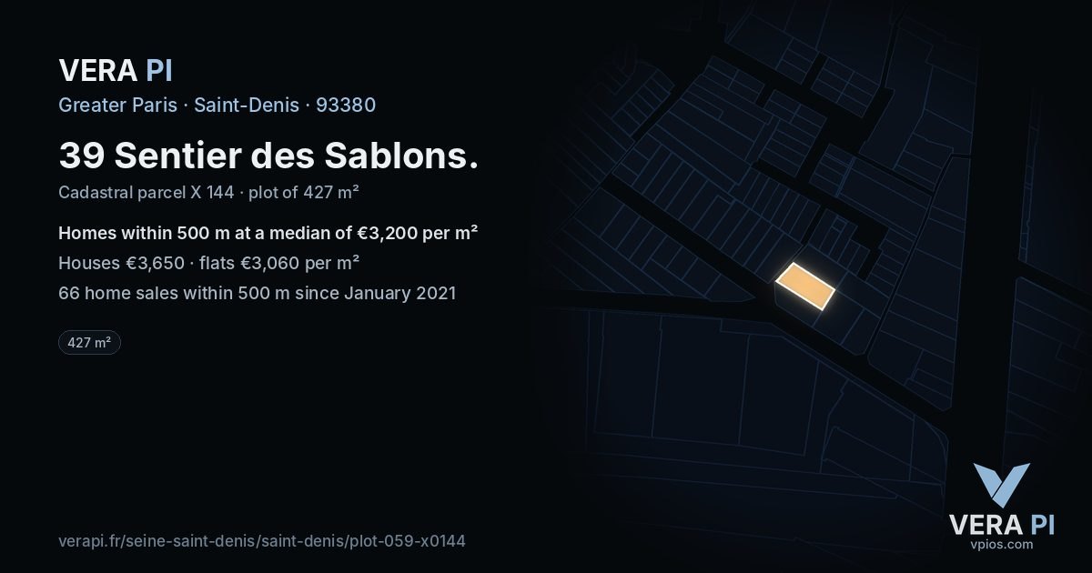 39 Sentier des Sablons, Saint-Denis at night – the plot lit, the parcels around coloured by the prices near them