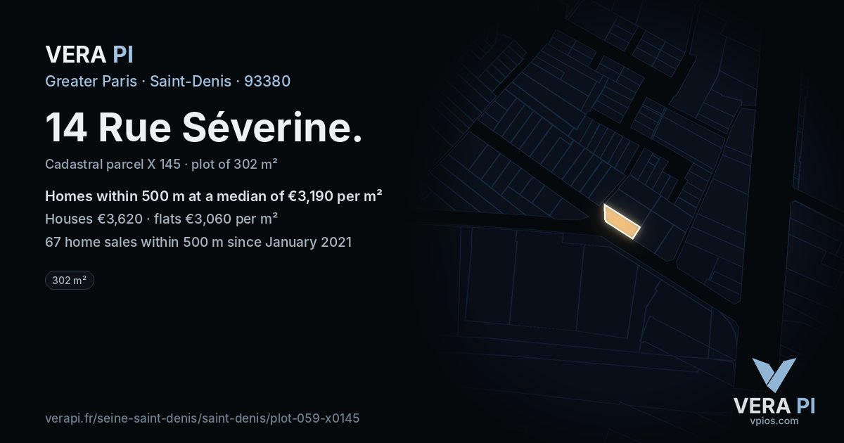 14 Rue Séverine, Saint-Denis at night – the plot lit, the parcels around coloured by the prices near them